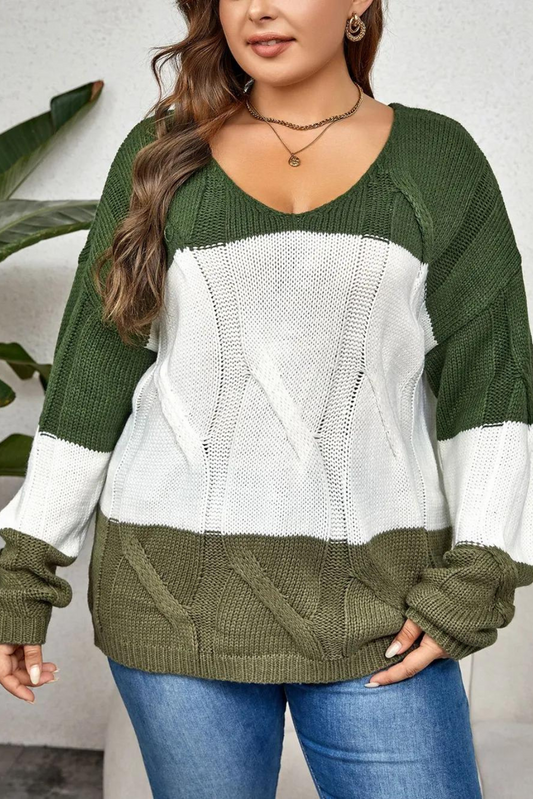 Curvy Size Color Block Long Sleeve Sweater