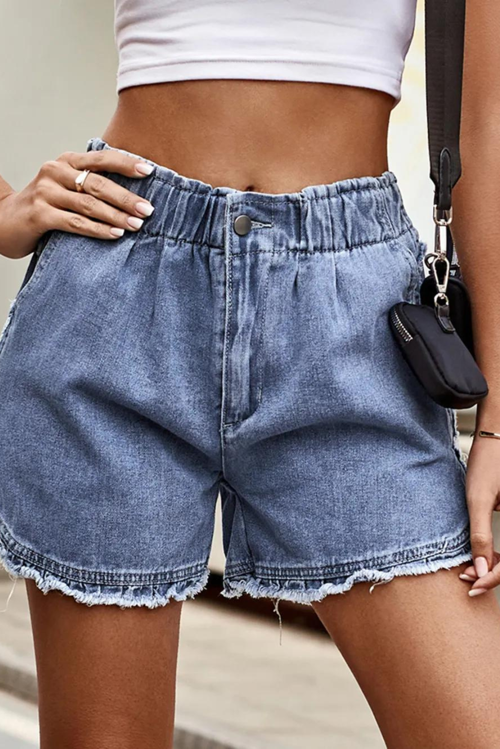 Raw Hem Elastic Waist Denim Shorts