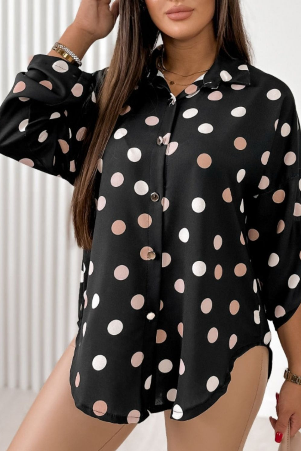 Printed Collared Neck Roll-Tab Sleeve Shirt