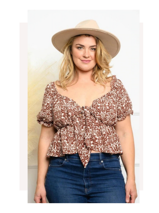 Plus Size Floral Front Tie Ruffle Top