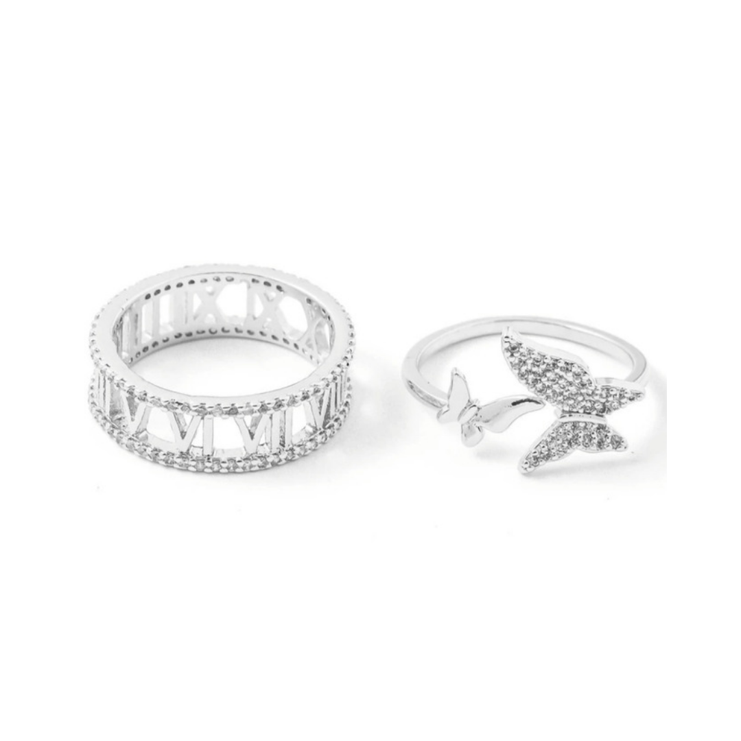 Roman Number & Butterfly Ring Set