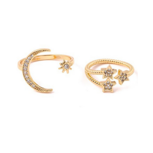 Metallic Moon Star Open Ring Set