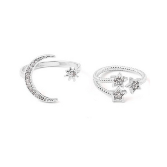 Metallic Moon Star Open Ring Set