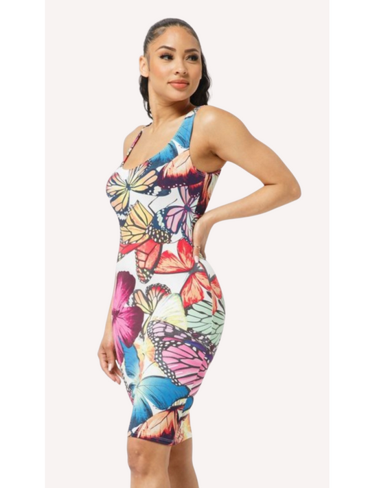 Butterfly Print Sleeveless Midi Dress