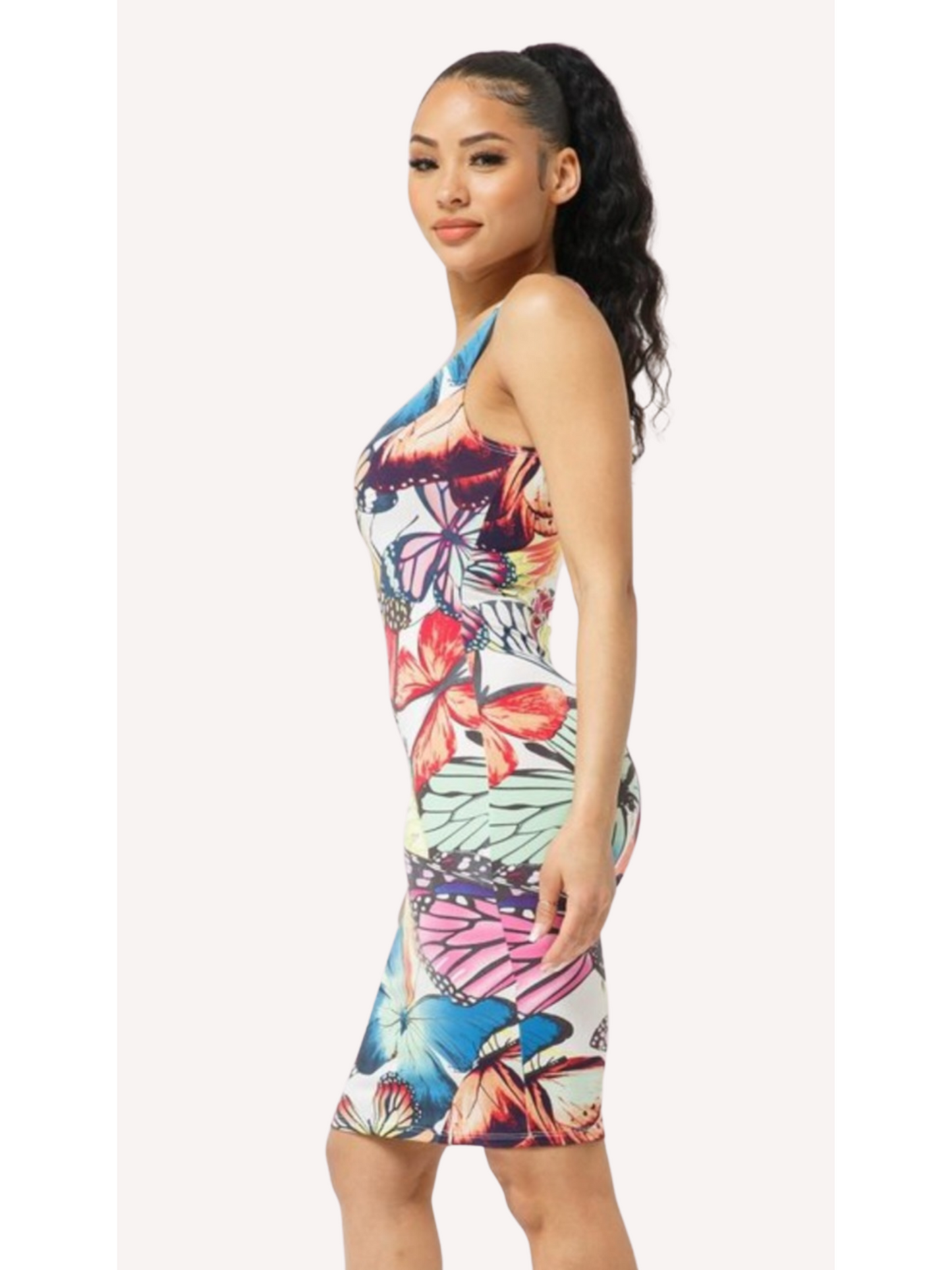 Butterfly Print Sleeveless Midi Dress