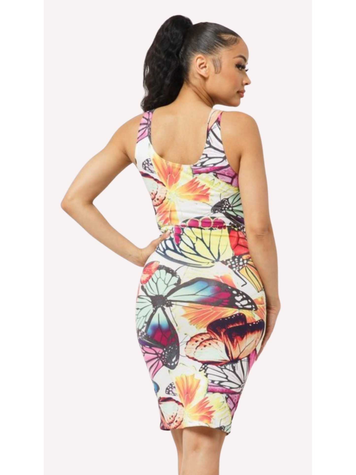 Butterfly Print Sleeveless Midi Dress