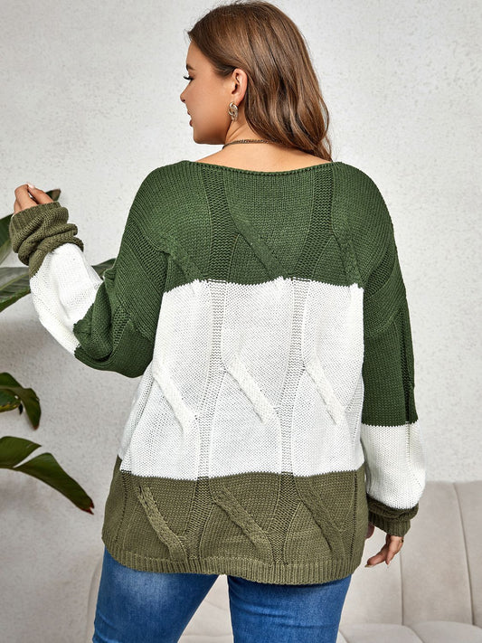 Curvy Size Color Block Long Sleeve Sweater