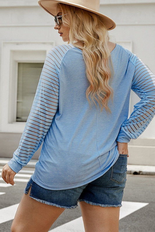 Curvy Size Sheer Striped Sleeve V-Neck Top