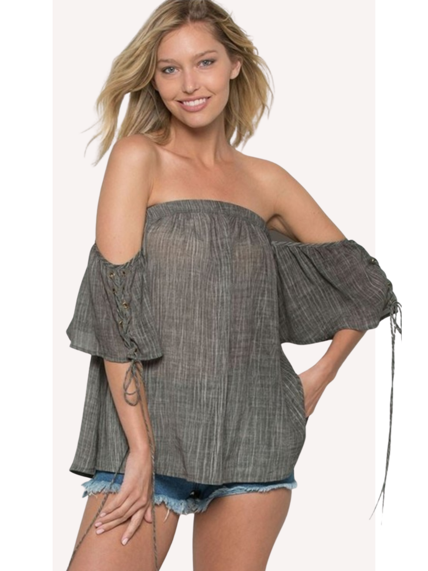 Women's Washed Crinkled Gauze Open Shoulder Top