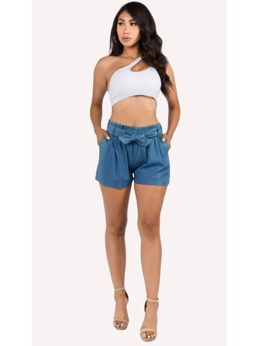 High Waist Denim Shorts With Waist Tie